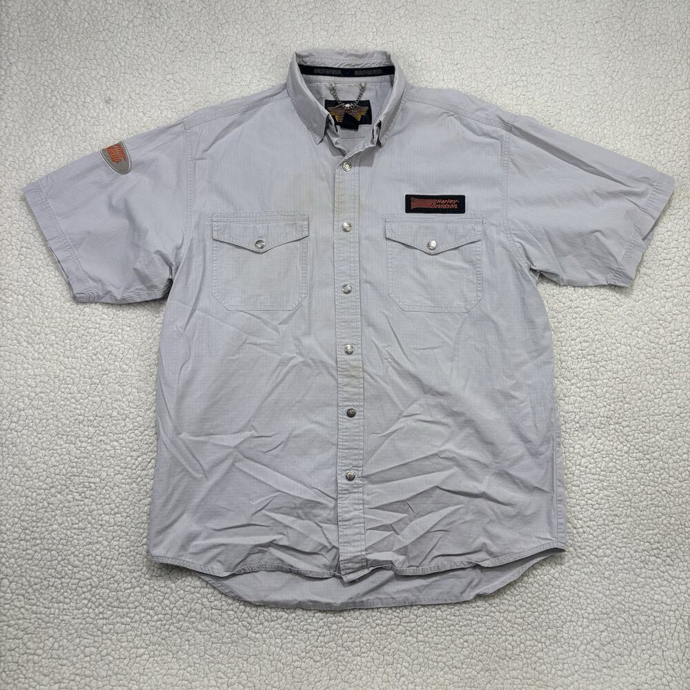 Harley Davidson Shirt Mens Large Gray Snap Button Short Sleeve Pockets Ripstop